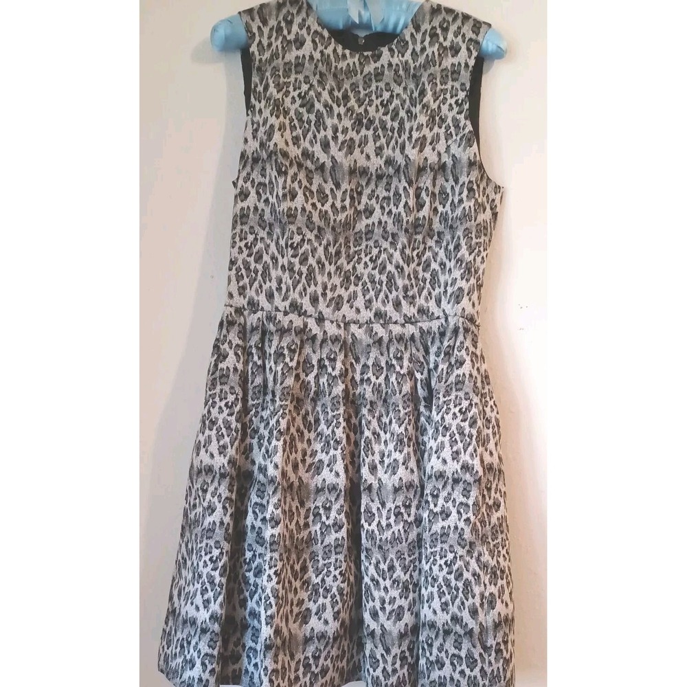 Taylor Women's 10 Fit & Flare Leopard Dress‎ Jacquard Pockets Silver Black Gray